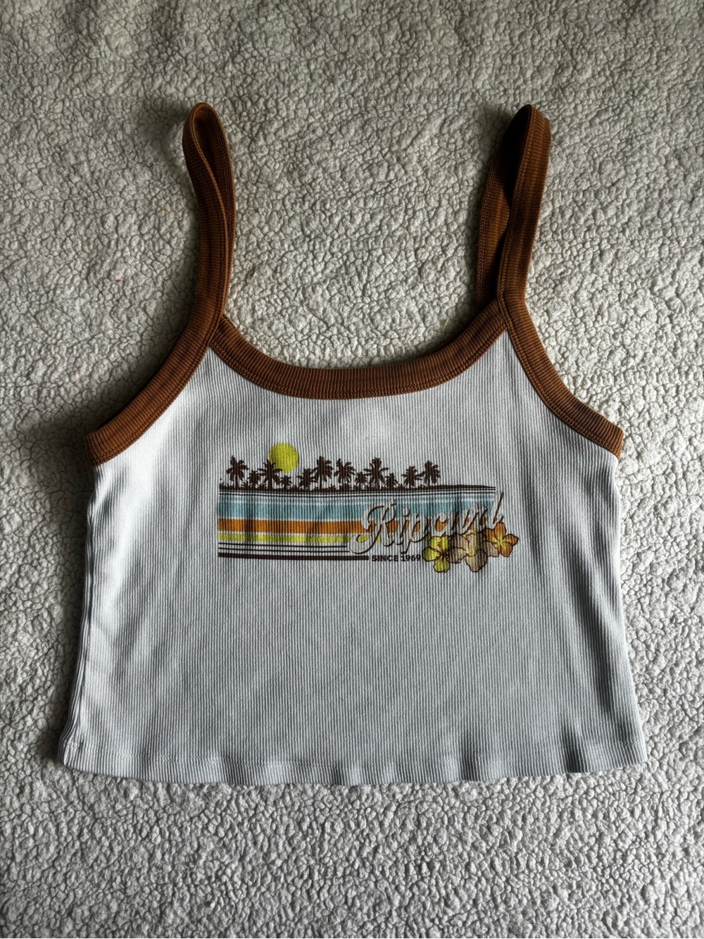 Rip Curl White Cropped Ribbed Tank with Brown Trim and Tropical Graphic
